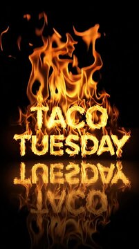 Taco Tuesday sign - fire font letters, animated flames isolated on black background - vertical for social reel, story or post by restaurant.