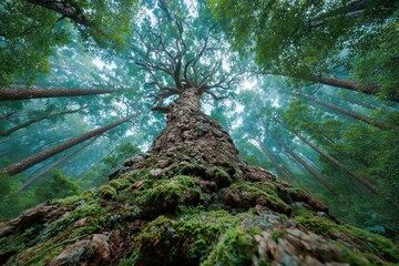 Photograph of a tall tree, view from the forest floor, wide angle shot