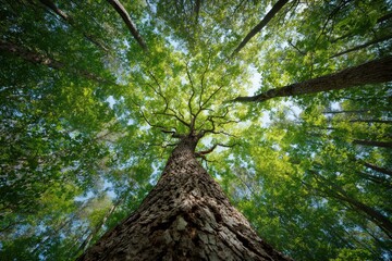 Naklejka premium Photograph of a tall tree, view from the forest floor, wide angle shot