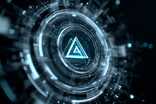 Futuristic circular interface with a glowing blue neon triangle symbol at its core.