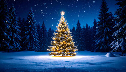Christmas tree snowy forest night
