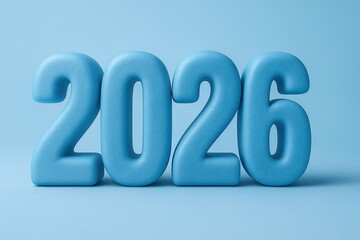 The Year 2026 Embodied in Futuristic Plastic Typography with Blue Background