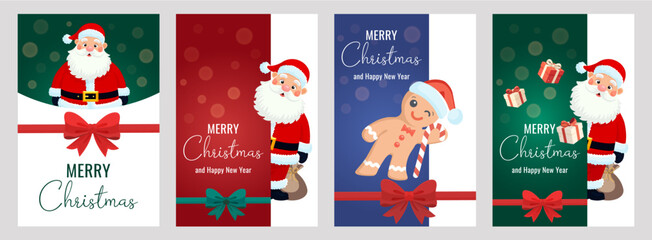 Fototapeta premium Set of 4 Merry Christmas vector greeting card designs with Santa Claus, gifts, and gingerbread man — festive holiday collection for New Year, winter celebration, invitations, posters, banners 