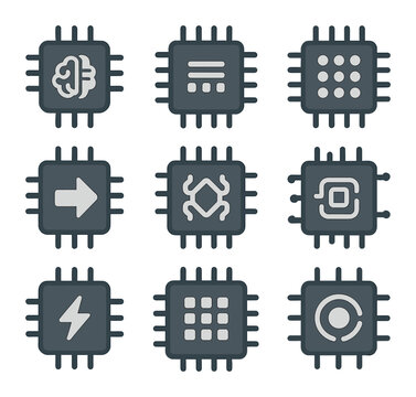 Neural Processor Icons. Flat icon set of neural processors: neural engine, parallel processing chip, vector