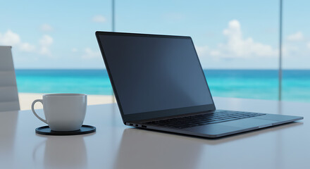 Fototapeta premium The ultimate work-from-anywhere dream is realized in this stunning scene, featuring a sleek, modern laptop with a blank screen, perfect for mockups, placed on a clean white desk.
