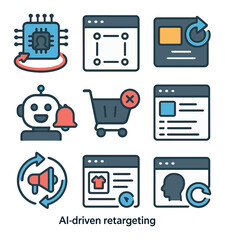 AI Retargeting Icons. Flat icon set of AI-driven retargeting: retargeting icon, web pixel, ad loop, reminder