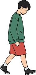Young boy walking with head down wearing green sweater and red shorts casual style vector illustration 
