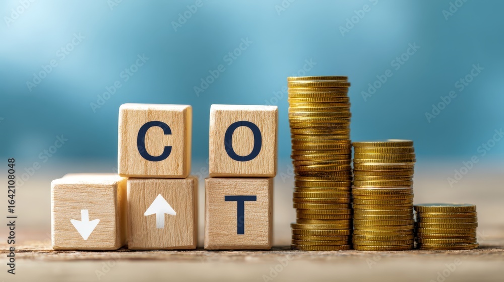 Poster cost optimization concept: wooden blocks with c.o.t letters and rising coin stacks representing busi