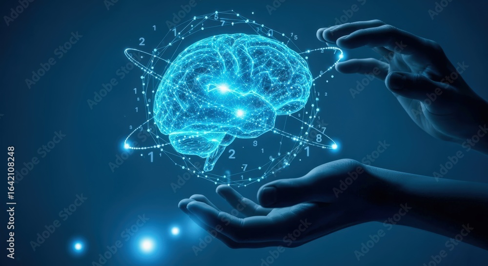 Poster human brain digital hologram projection displayed over open hands represents artificial intelligence