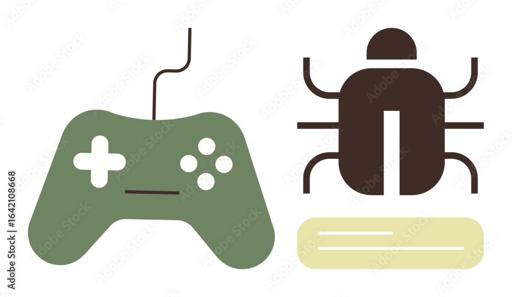 Poster green game controller beside brown bug icon with yellow platform, symbolizing gaming issues and debu