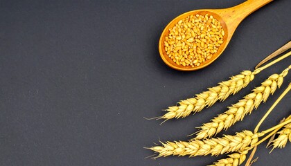 Wooden spoon of wheat grains beside wheat stalks on black background
