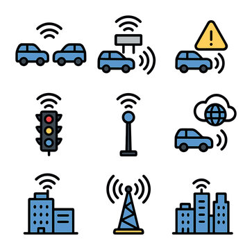 V2X Communication Icons Grid. Flat icon set of vehicle-to-everything (V2X): V2V signal, V2I hub, V2P alert,