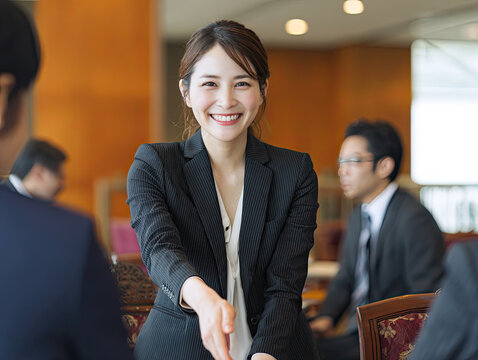 close up shot of a young asian female CEO of the big international company in business suit is working on the interview at  the office