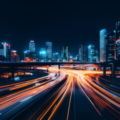 Fototapeta premium Cityscape at Night Highway Traffic with Long Exposure, city lights, transportation