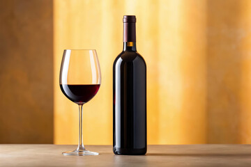 Elegant bottle of red wine with a filled glass standing on a table against a warm golden background, perfect for gourmet dining concepts, celebrations, romantic dinners and wine tasting events