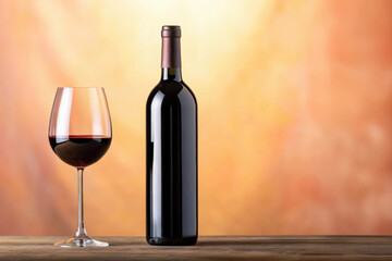 Elegant bottle of red wine with filled glass on wooden table against warm blurred background, perfect for restaurant menus, winery promotions, romantic dinner settings and gourmet lifestyle visuals