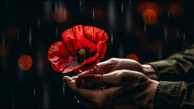 Soldier hands holding red poppy flower on dark background. Remembrance day, Veterans day, Anzac day. Lest we forget concept