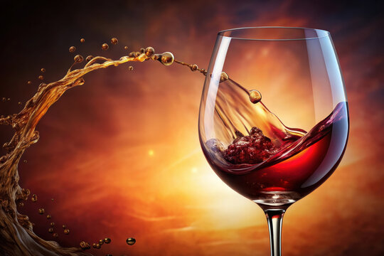 Elegant red wine pouring into a glass with dynamic splash on warm blurred background with copy space perfect for advertising marketing banners restaurant menus wine promotions and luxury lifestyle