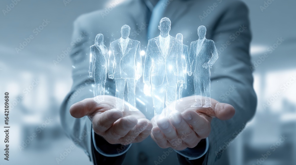 Aufkleber human resources management: conceptual image of team members presented by a manager with open hands