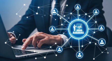 Business Professional Using Laptop for Online Education Platform with Networked User Connections and Interactive Interface