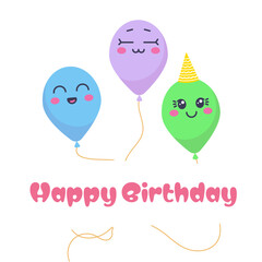Balloons in flat style with funny face and birthday hat, with text: Happy Birthday, bunch of balloons. Birthday vector illustration with 3 colored balloons in simple style, print.