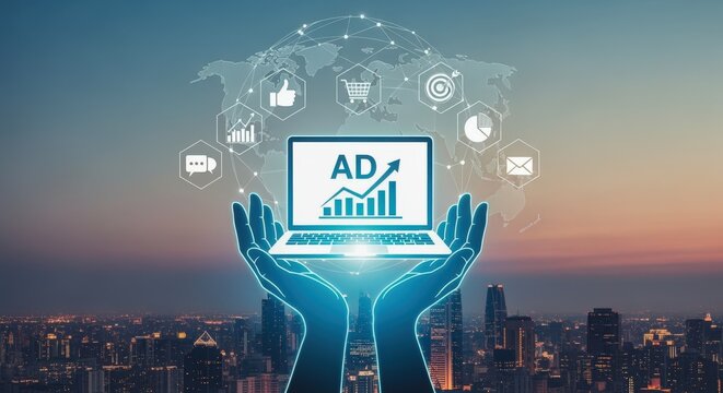 Digital Advertising Campaign on Laptop with Social Media and Business Icons over Cityscape at Sunset - Powered by Adobe