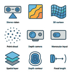 Depth Estimation Icons. Flat icon set of depth estimation: stereo vision, disparity map, 3D surface, point