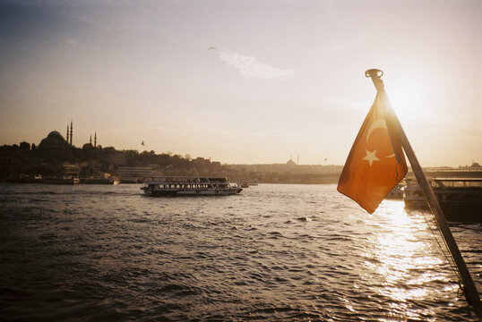 Turkish Flag with Bosphorus and Sunset
