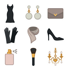 Elegant Style Icons. Flat icon set of style: elegant dress, pearl earrings, clutch bag, high heels, evening