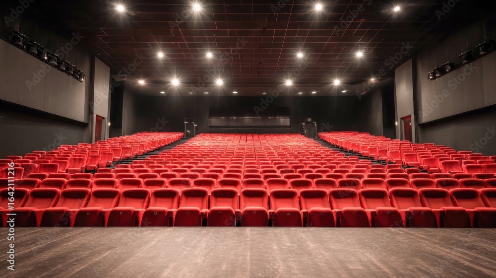 Poster empty theater with red seats and stage ready for performance or show viewing