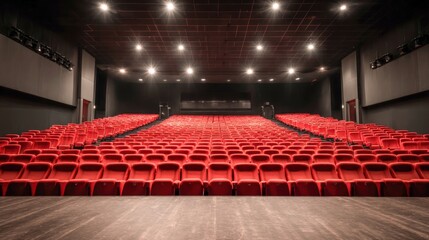 Naklejka premium Empty Theater with Red Seats and Stage Ready for Performance or Show Viewing