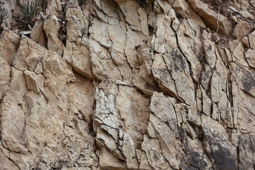 Background Texture Of A Cracked And Weathered Sedimentary Rock Surface. Natural Abstract Stone Pattern, Geology Concept.