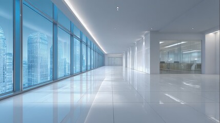 Bright Modern Office Interior with Large Windows Offering a Panoramic Cityscape View, Minimalist Design