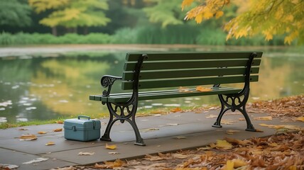 Obraz premium Park bench with lunchbox beside a lake in autumn