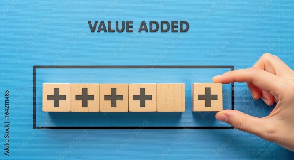 Poster adding value: hand placing plus sign block to represent growth and improvement on blue background