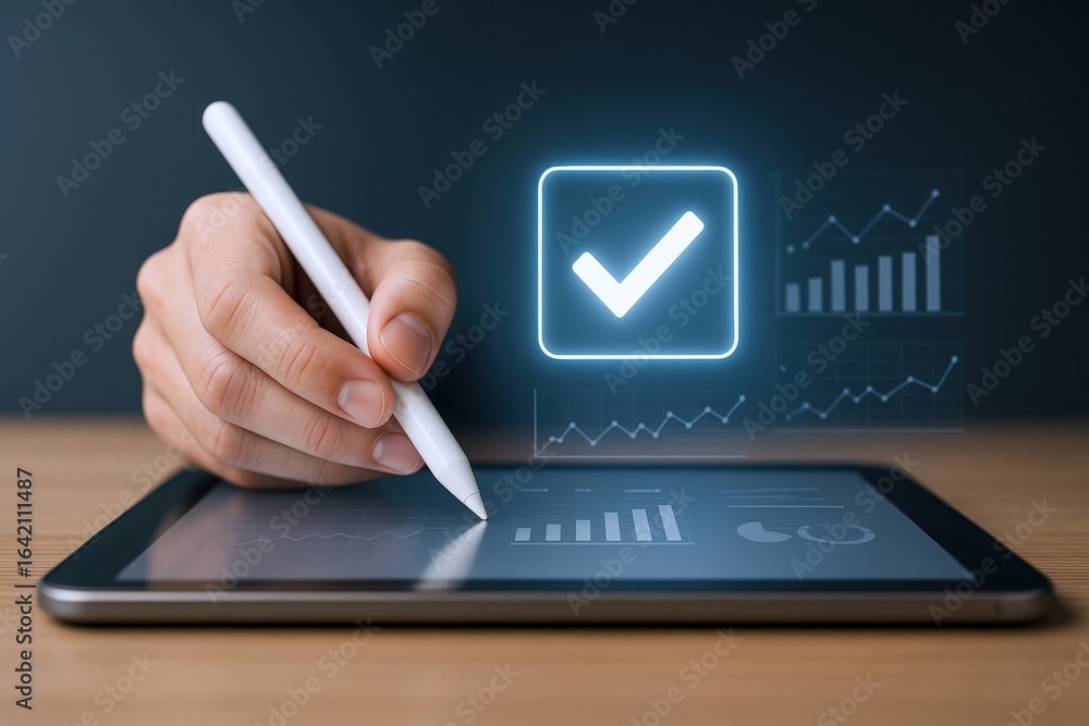Poster digital verification concept: hand using stylus on tablet with tick symbol and data charts