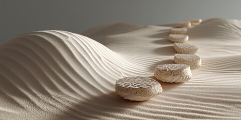 Smooth round stones aligned over soft sand waves in warm minimal composition

