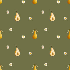 Seamless watercolor pear and daisy pattern &ndash; whole and sliced pears with chamomile flowers for rustic fabric design, cozy kitchen textiles, botanical packaging and seasonal print projects