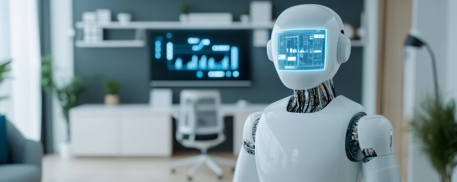 Futuristic White Robot with HUD Interface in Modern Room, AI, Automation - Powered by Adobe