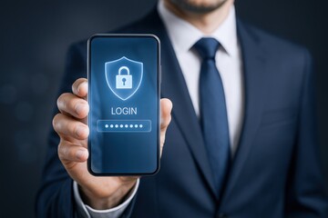 Man Displays Secure Login Screen on Smartphone for Cyber Security and Data Protection