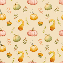 Seamless watercolor pumpkin pattern – orange, green and pink pumpkins with leafy branches for autumn fabric design, rustic packaging, cozy seasonal decor and thanksgiving print projects