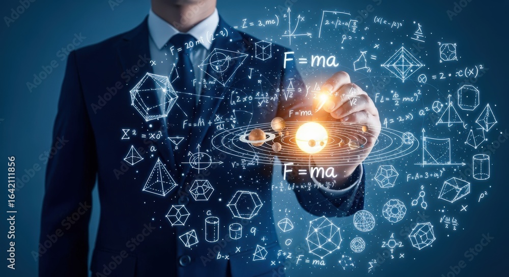 Poster man in suit demonstrating scientific formulas and mathematical concepts with glowing light, represen