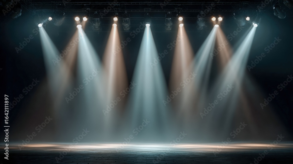 Poster stage lights illuminate empty theater, creating dramatic atmosphere perfect for performance or prese