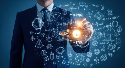 Man in Suit Demonstrating Scientific Formulas and Mathematical Concepts with Glowing Light, Representing Science and Technology