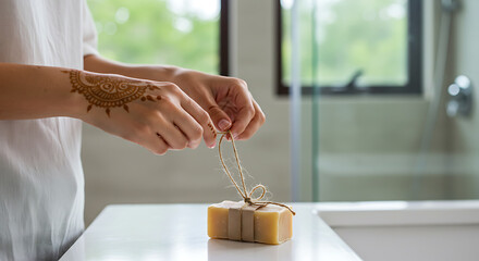 Obraz premium An elegant and serene close-up of a woman’s hands, one beautifully adorned with a traditional henna mehndi tattoo, as she carefully ties a rustic jute twine bow around a bar of natural, handmade soap.