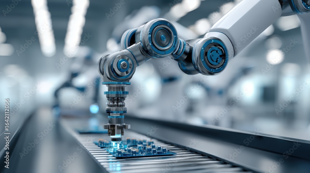Poster automated robotic arm precision placement of electronic component on conveyor belt in futuristic fac