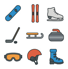 Winter Sports Icons. Flat icon set of winter sports: snowboard, skis, ice skate, hockey stick, sled, curling