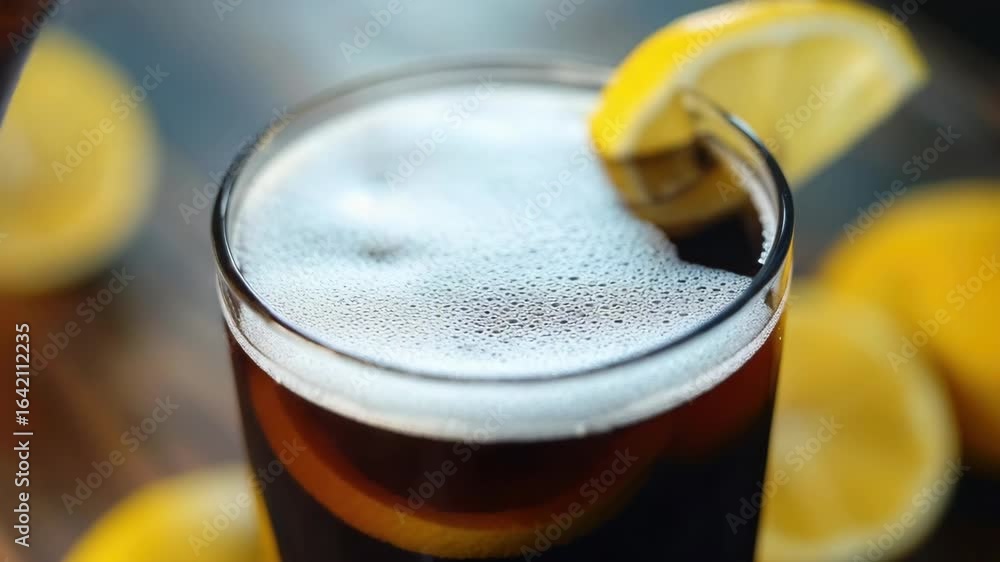 Poster a glass of refreshing soda with a lemon wedge and ice cubes on a table.