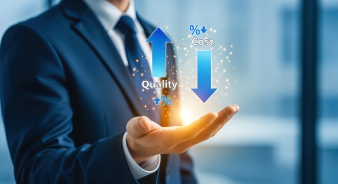 Businessman Presenting Visual Representation of Cost Reduction and Quality Improvement for Business Growth and Increased Efficiency