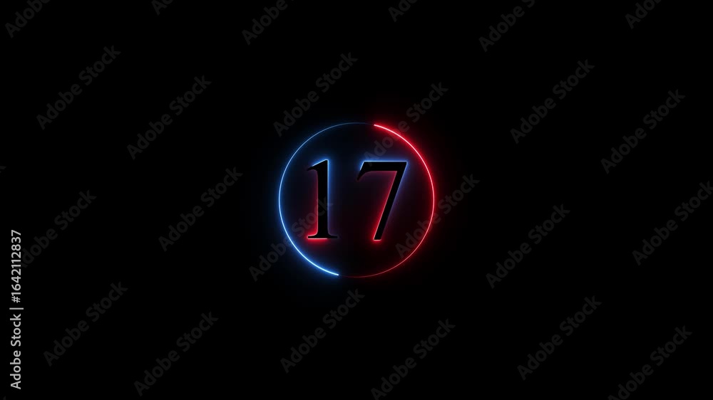 Poster number 17 neon sign style flashing. abstract glowing neon text 17 number countdown icon animation on